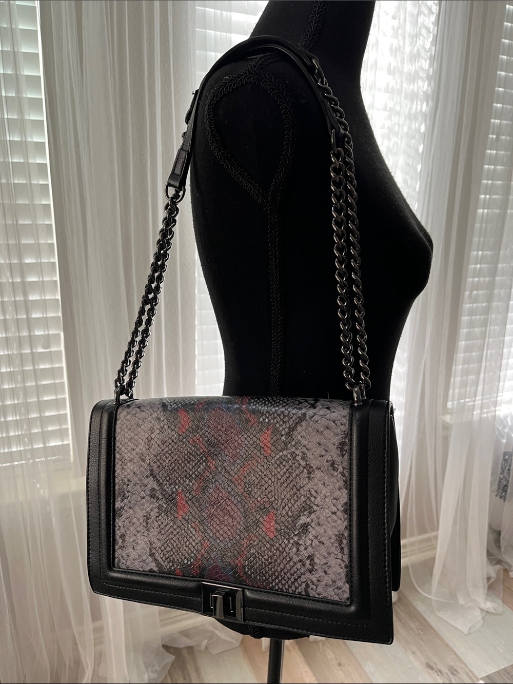 INC International Concepts Black Snake-Print Chain Shoulder Bag with Red Accents